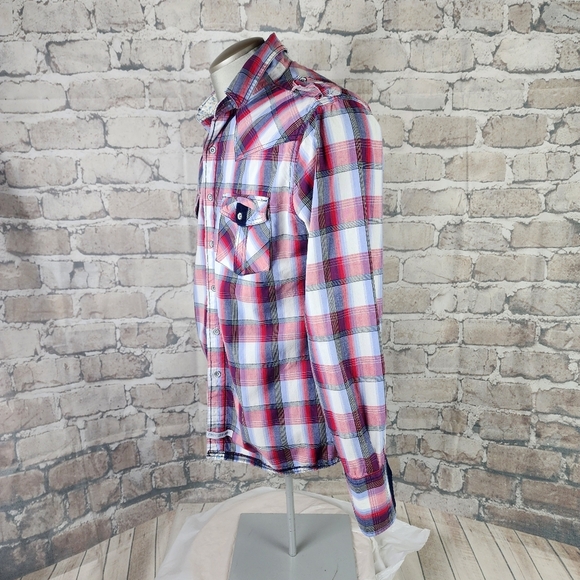 John Lennon for English Laundry Plaid Button Front Shirt Red Blue Size Large - Picture 6 of 14